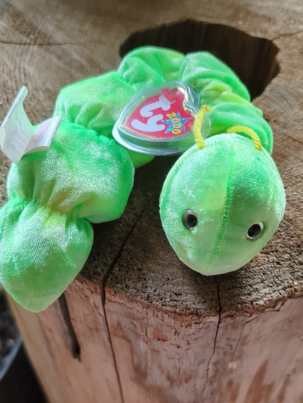 Ty Bright Green Plush Worm with Heart Tag. 2000 Series